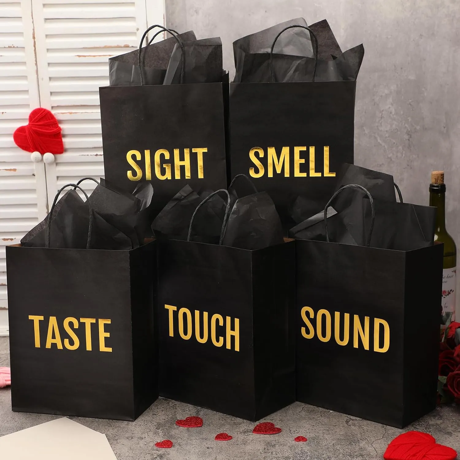 Kolldenn 5 Senses Gift Bags for Him for Her with 10 Pcs Tissue Paper, Paper Bags with Handles Five Senses Gifts for Valentines Christmas Birthday Wedding Anniversary(Black,8.3 x 4.3 x 10.6 Inch)