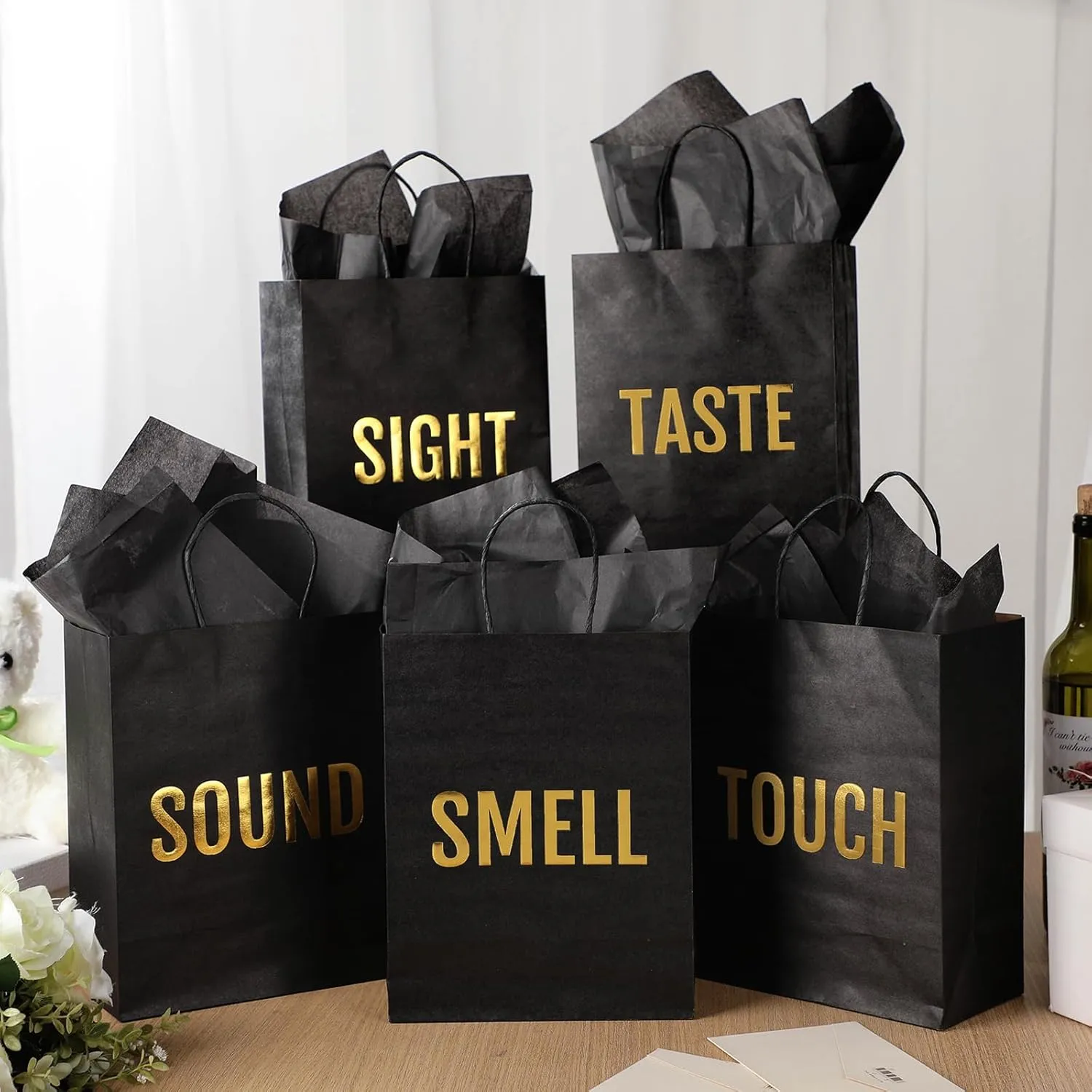 Kolldenn 5 Senses Gift Bags for Him for Her with 10 Pcs Tissue Paper, Paper Bags with Handles Five Senses Gifts for Valentines Christmas Birthday Wedding Anniversary(Black,8.3 x 4.3 x 10.6 Inch)
