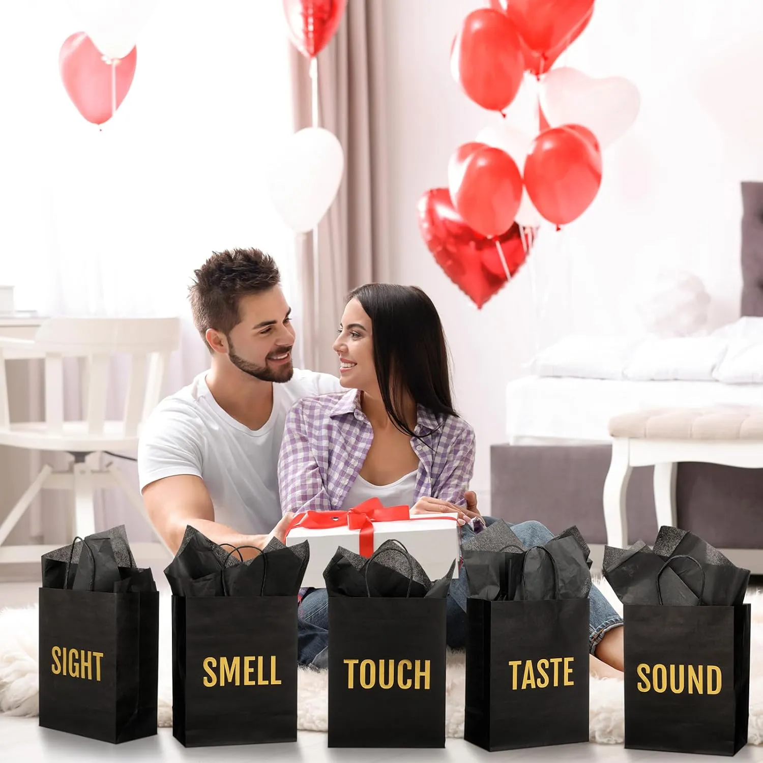 Kolldenn 5 Senses Gift Bags for Him for Her with 10 Pcs Tissue Paper, Paper Bags with Handles Five Senses Gifts for Valentines Christmas Birthday Wedding Anniversary(Black,8.3 x 4.3 x 10.6 Inch)