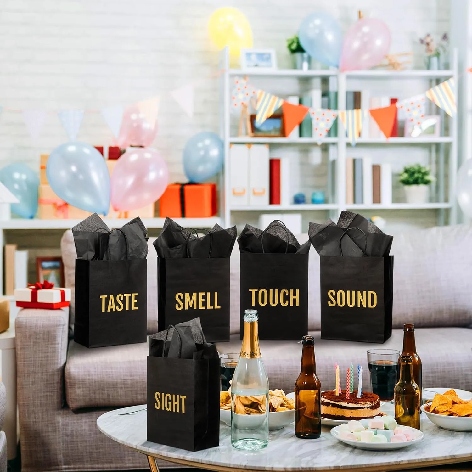 Kolldenn 5 Senses Gift Bags for Him for Her with 10 Pcs Tissue Paper, Paper Bags with Handles Five Senses Gifts for Valentines Christmas Birthday Wedding Anniversary(Black,8.3 x 4.3 x 10.6 Inch)