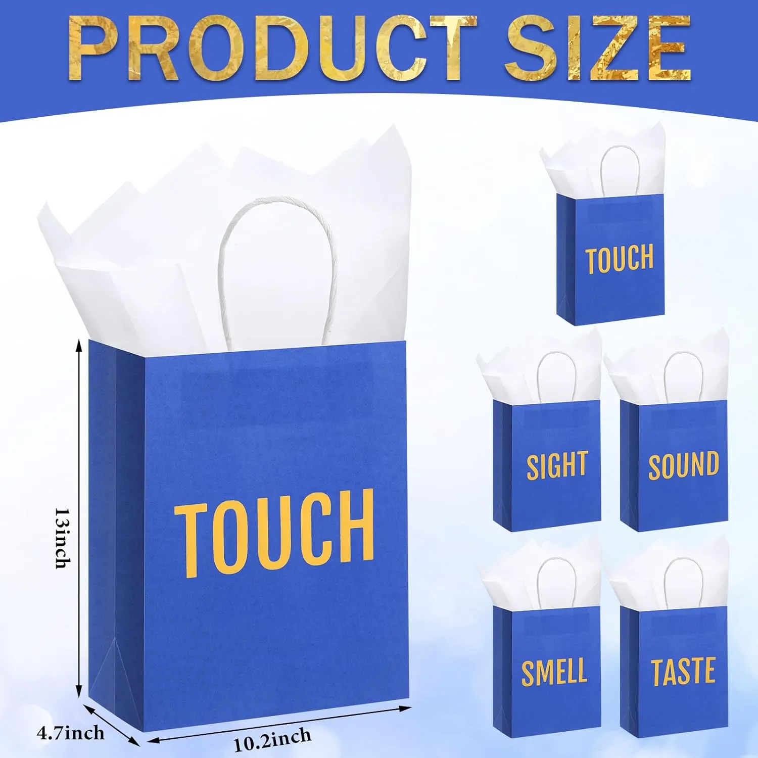 Kolldenn 5 Senses Gift Bags for Him for Her with 10 Pcs Tissue Paper, Paper Bags with Handles Five Senses Gifts for Valentines Christmas Birthday Wedding Anniversary(Blue,10.2 x 4.7 x 13 Inch)