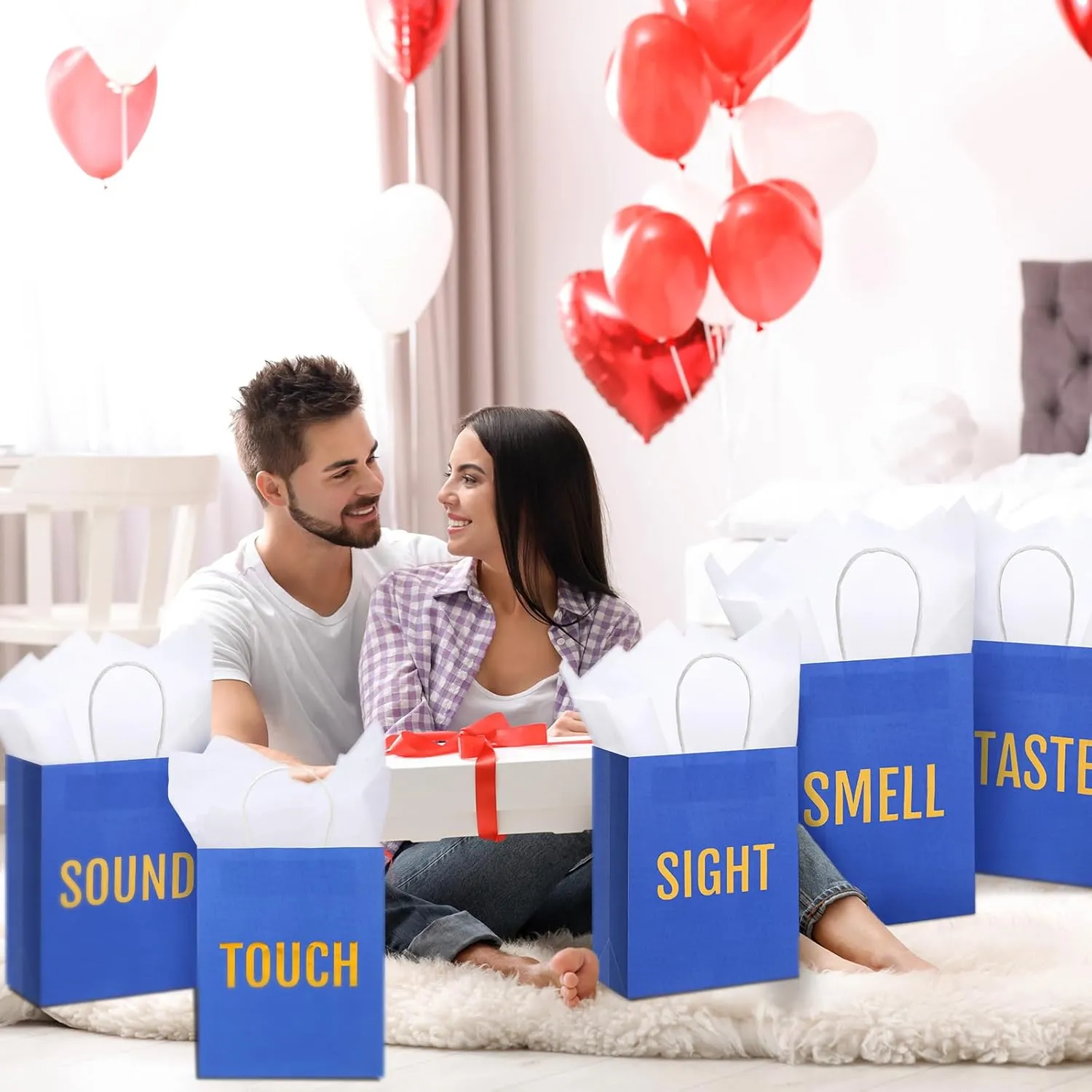 Kolldenn 5 Senses Gift Bags for Him for Her with 10 Pcs Tissue Paper, Paper Bags with Handles Five Senses Gifts for Valentines Christmas Birthday Wedding Anniversary(Blue,10.2 x 4.7 x 13 Inch)