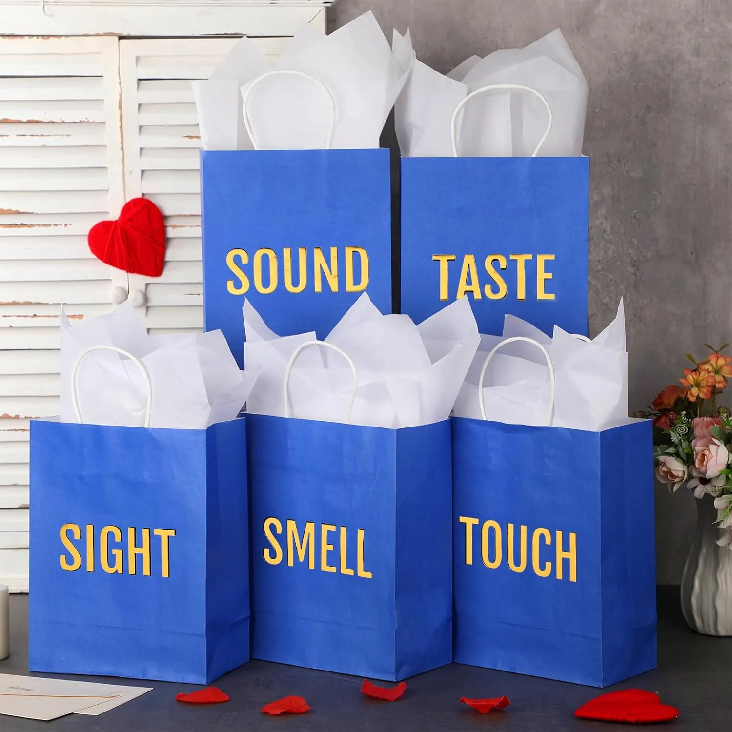 Kolldenn 5 Senses Gift Bags for Him for Her with 10 Pcs Tissue Paper, Paper Bags with Handles Five Senses Gifts for Valentines Christmas Birthday Wedding Anniversary(Blue,10.2 x 4.7 x 13 Inch)