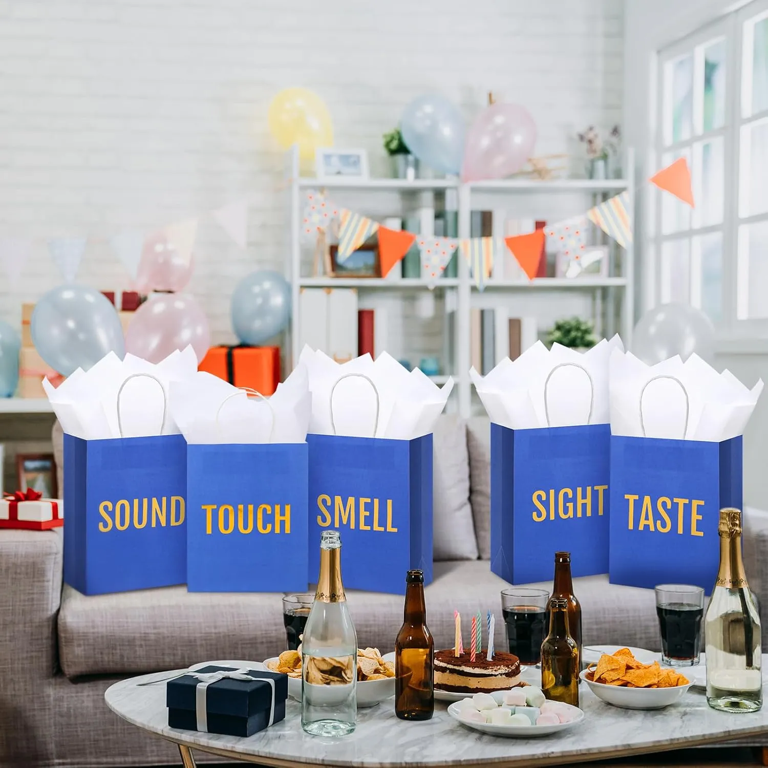 Kolldenn 5 Senses Gift Bags for Him for Her with 10 Pcs Tissue Paper, Paper Bags with Handles Five Senses Gifts for Valentines Christmas Birthday Wedding Anniversary(Blue,10.2 x 4.7 x 13 Inch)