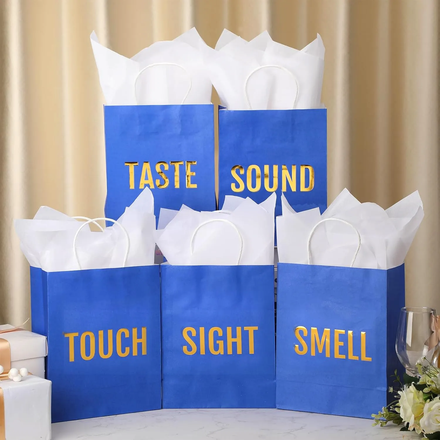 Kolldenn 5 Senses Gift Bags for Him for Her with 10 Pcs Tissue Paper, Paper Bags with Handles Five Senses Gifts for Valentines Christmas Birthday Wedding Anniversary(Blue,10.2 x 4.7 x 13 Inch)