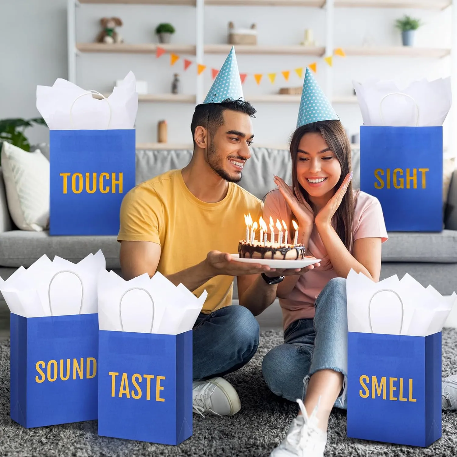 Kolldenn 5 Senses Gift Bags for Him for Her with 10 Pcs Tissue Paper, Paper Bags with Handles Five Senses Gifts for Valentines Christmas Birthday Wedding Anniversary(Blue,10.2 x 4.7 x 13 Inch)
