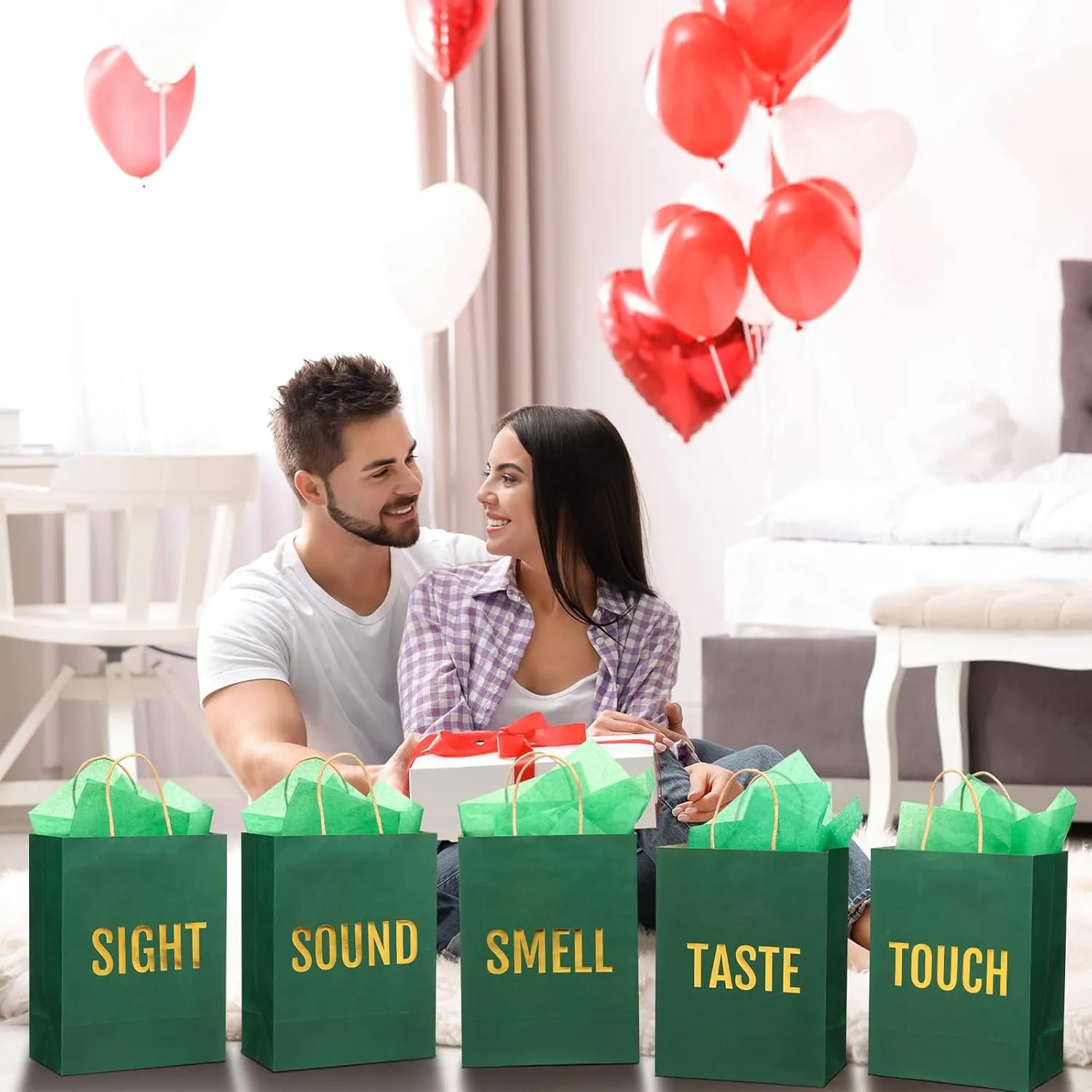 Kolldenn 5 Senses Gift Bags for Him for Her with 10 Pcs Tissue Paper, Paper Bags with Handles Five Senses Gifts for Valentines Christmas Birthday Wedding Anniversary(Green,8.3 x 4.3 x 10.6 Inch)