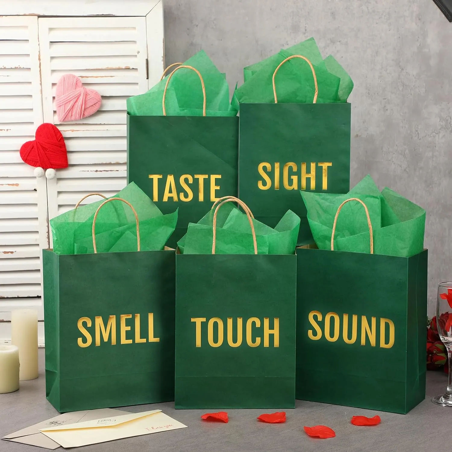 Kolldenn 5 Senses Gift Bags for Him for Her with 10 Pcs Tissue Paper, Paper Bags with Handles Five Senses Gifts for Valentines Christmas Birthday Wedding Anniversary(Green,8.3 x 4.3 x 10.6 Inch)