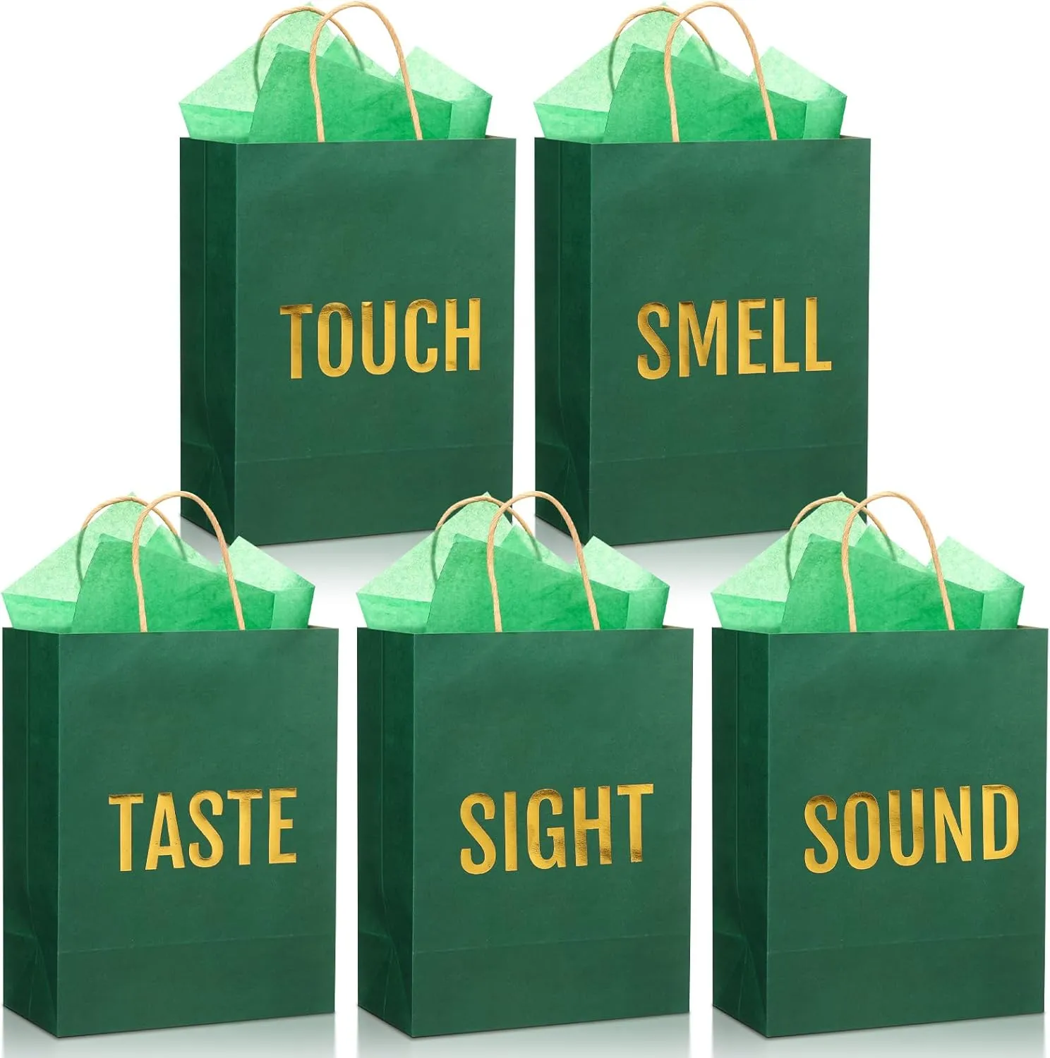 Kolldenn 5 Senses Gift Bags for Him for Her with 10 Pcs Tissue Paper, Paper Bags with Handles Five Senses Gifts for Valentines Christmas Birthday Wedding Anniversary(Green,8.3 x 4.3 x 10.6 Inch)