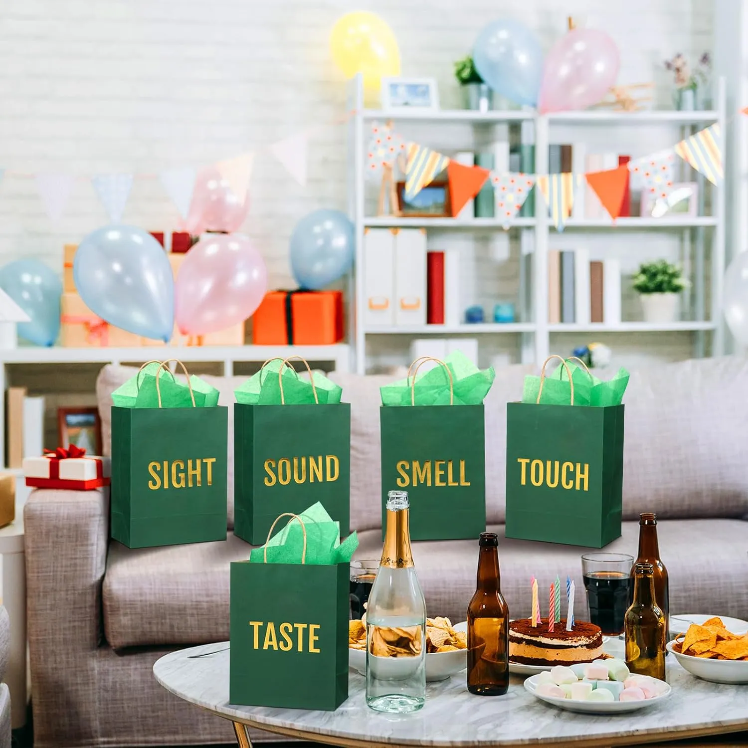 Kolldenn 5 Senses Gift Bags for Him for Her with 10 Pcs Tissue Paper, Paper Bags with Handles Five Senses Gifts for Valentines Christmas Birthday Wedding Anniversary(Green,8.3 x 4.3 x 10.6 Inch)