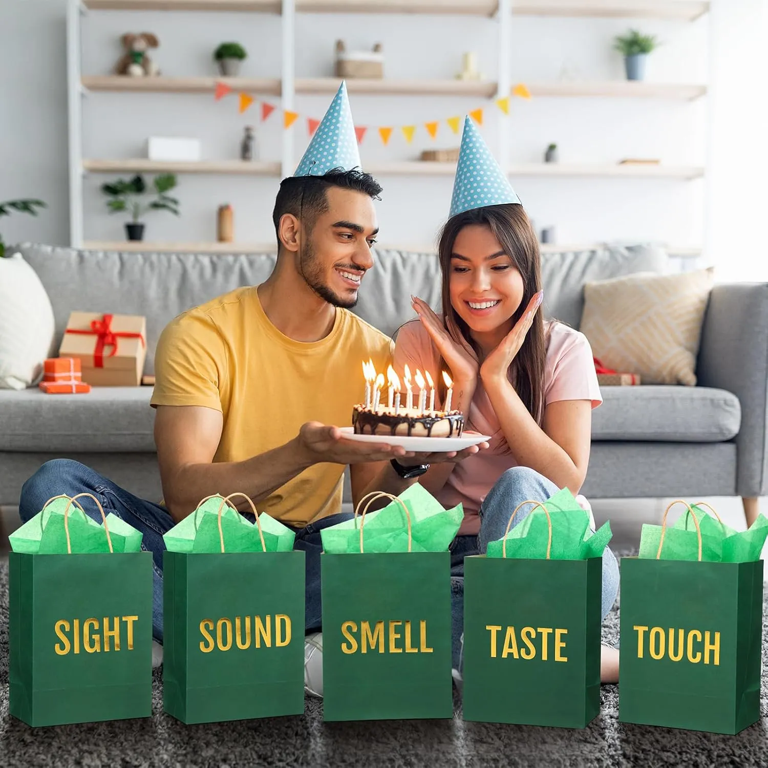 Kolldenn 5 Senses Gift Bags for Him for Her with 10 Pcs Tissue Paper, Paper Bags with Handles Five Senses Gifts for Valentines Christmas Birthday Wedding Anniversary(Green,8.3 x 4.3 x 10.6 Inch)