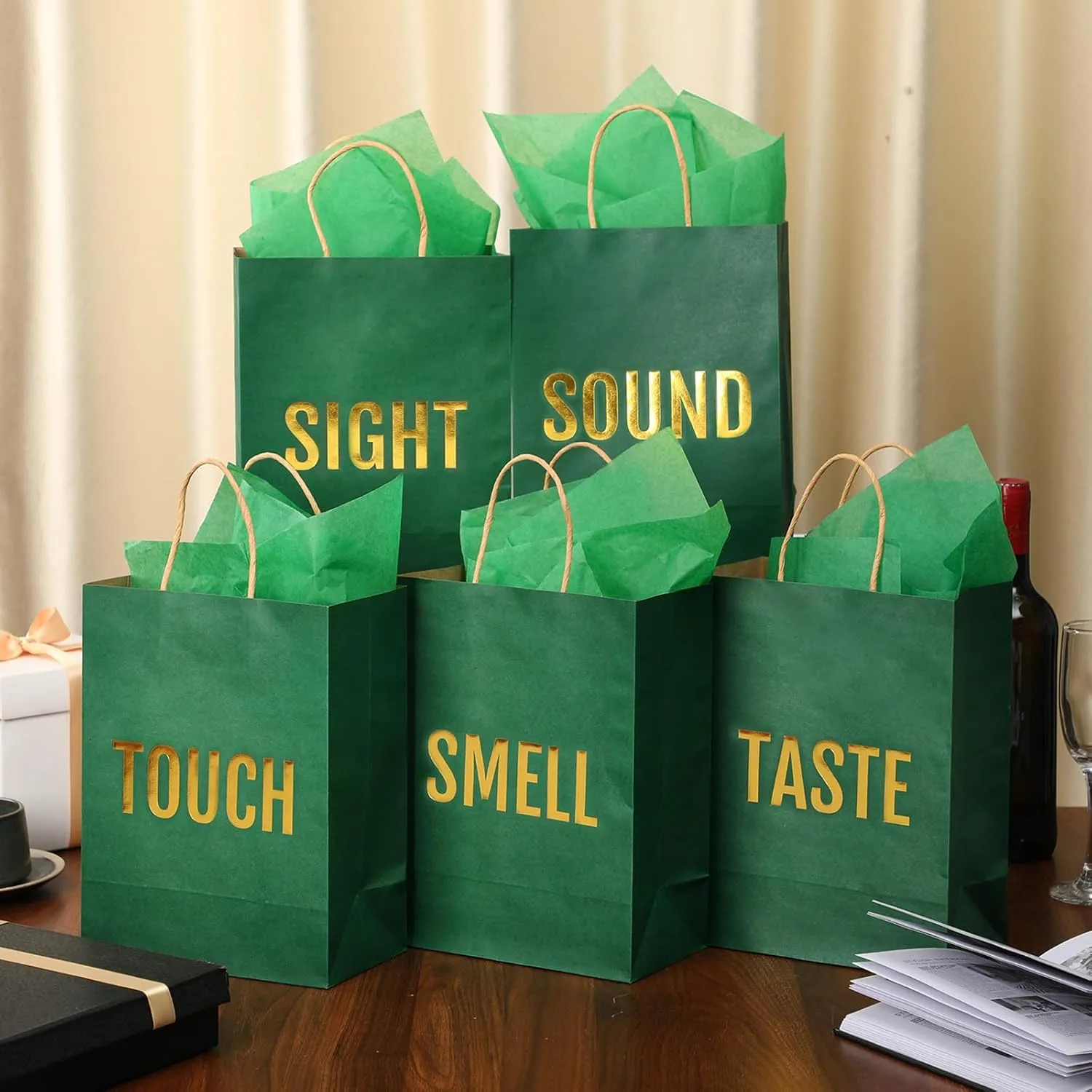 Kolldenn 5 Senses Gift Bags for Him for Her with 10 Pcs Tissue Paper, Paper Bags with Handles Five Senses Gifts for Valentines Christmas Birthday Wedding Anniversary(Green,8.3 x 4.3 x 10.6 Inch)