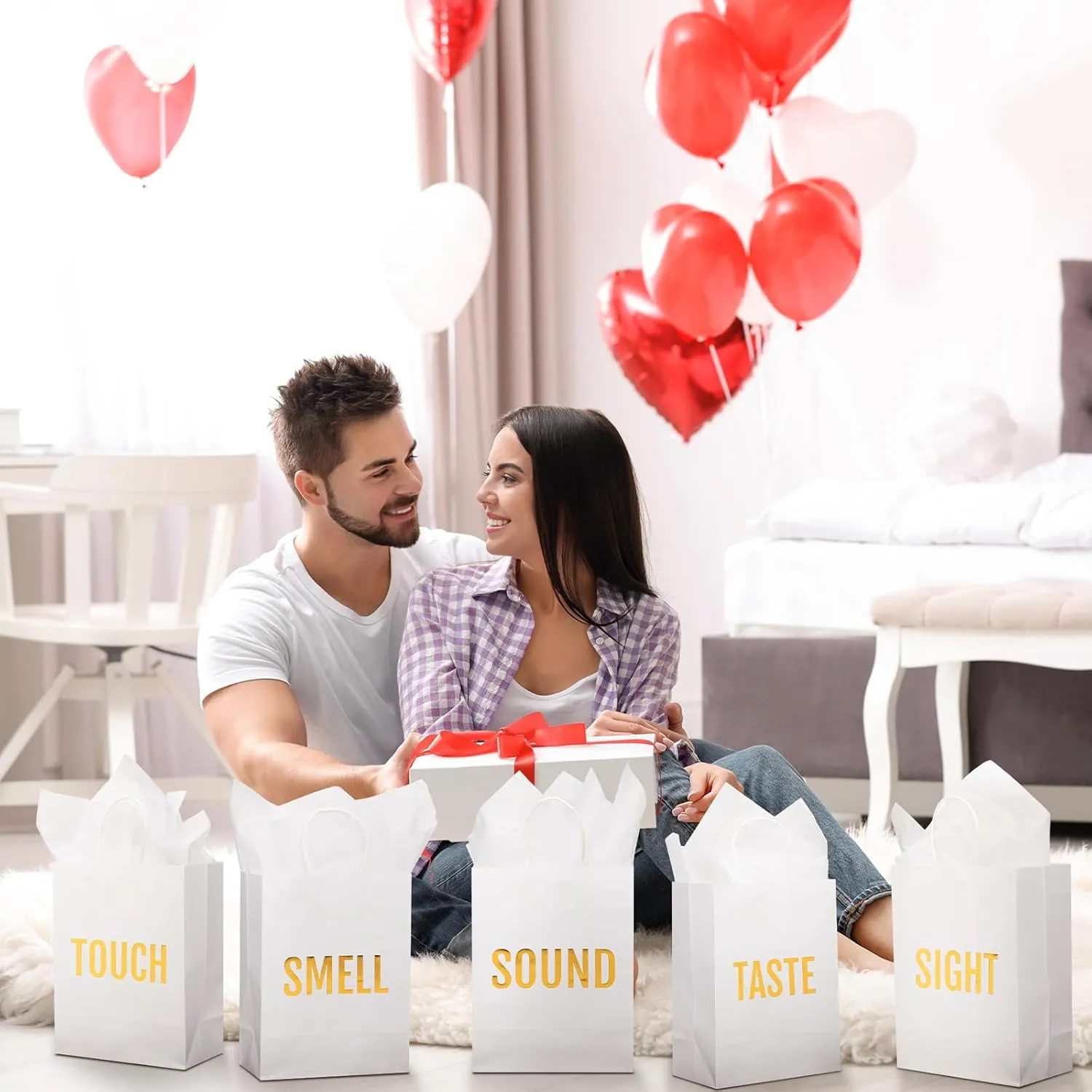 Kolldenn 5 Senses Gift Bags for Him for Her with 10 Pcs Tissue Paper, Paper Bags with Handles Five Senses Gifts for Valentines Christmas Birthday Wedding Anniversary(White,8.3 x 4.3 x 10.6 Inch)