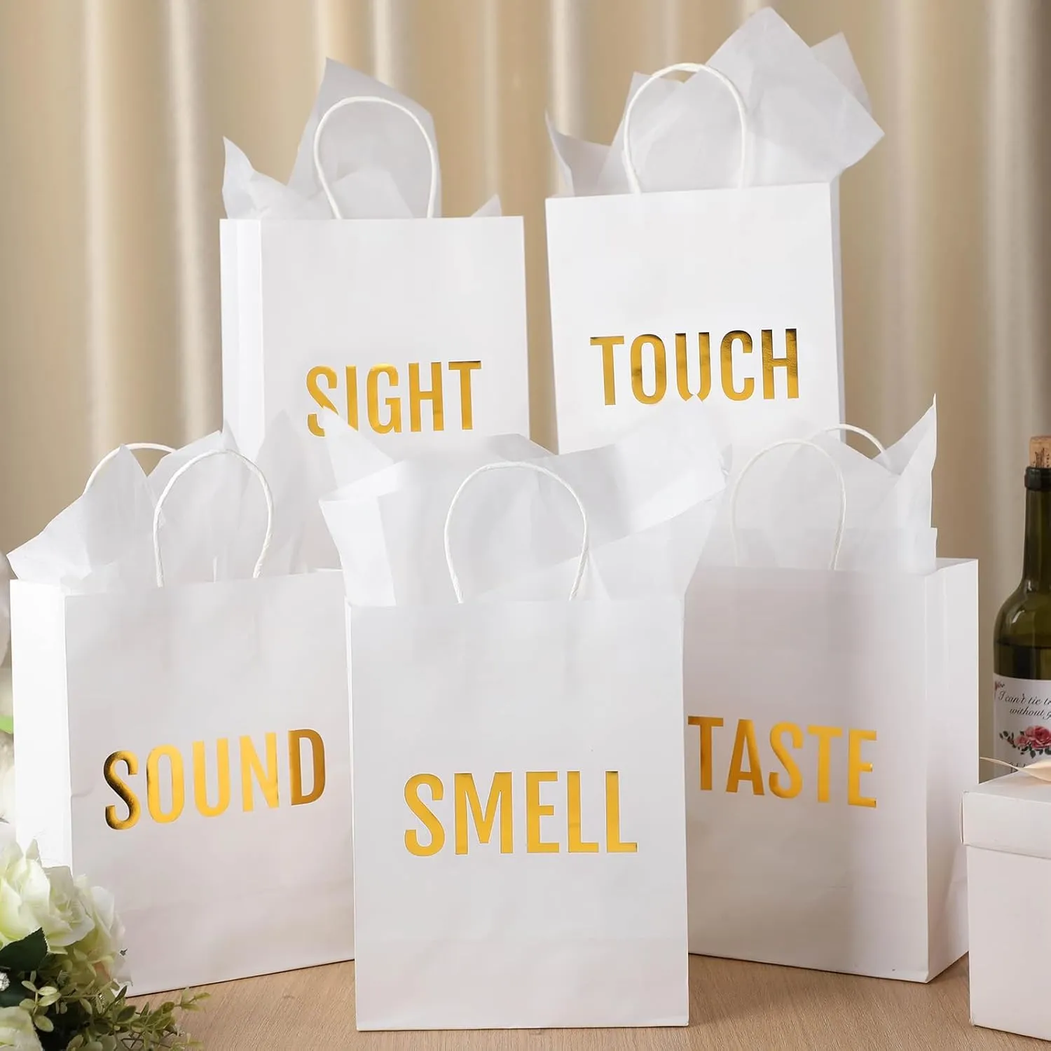 Kolldenn 5 Senses Gift Bags for Him for Her with 10 Pcs Tissue Paper, Paper Bags with Handles Five Senses Gifts for Valentines Christmas Birthday Wedding Anniversary(White,8.3 x 4.3 x 10.6 Inch)