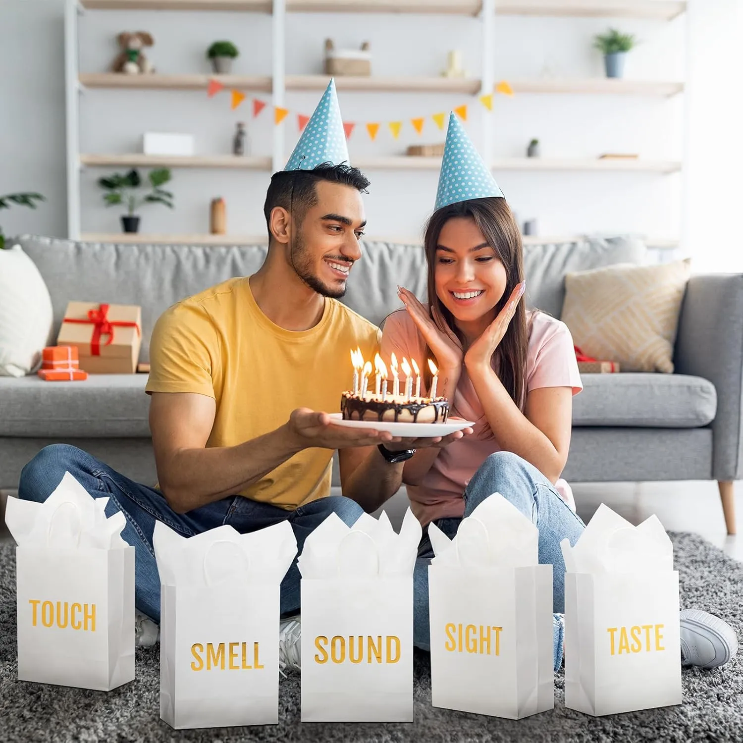 Kolldenn 5 Senses Gift Bags for Him for Her with 10 Pcs Tissue Paper, Paper Bags with Handles Five Senses Gifts for Valentines Christmas Birthday Wedding Anniversary(White,8.3 x 4.3 x 10.6 Inch)
