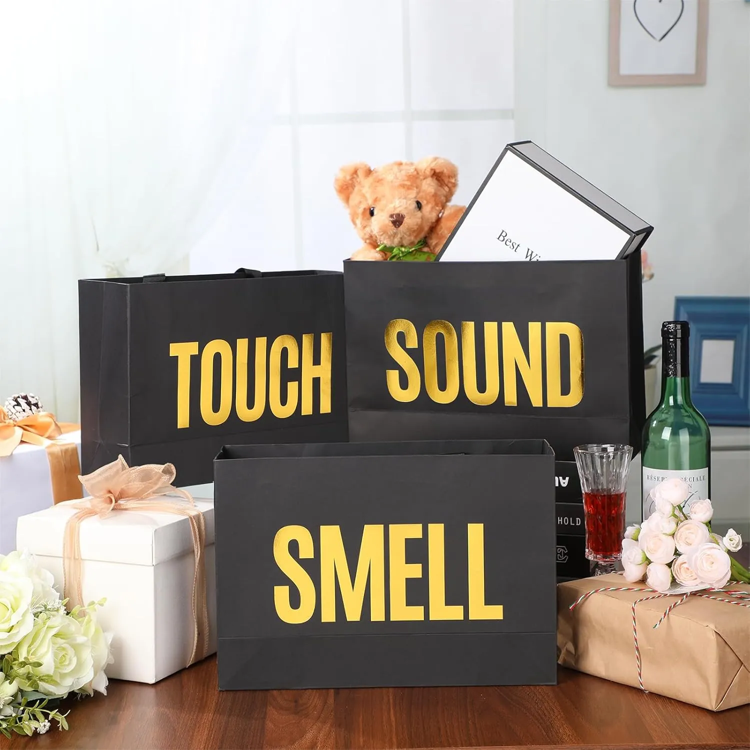 Kolldenn 5 Senses Gift Bags for Him Her Five Senses Gift Bags with Ribbon Handle Gifts Decoration for Birthday Wedding Anniversary Valentine's Day Graduation Party(Black,12.6 x 8.7 x 4 Inch)