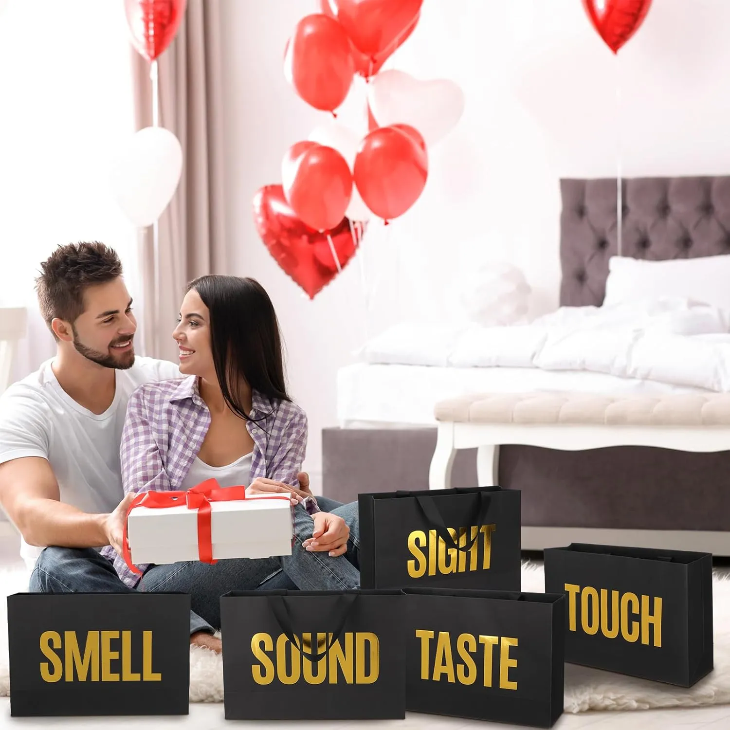 Kolldenn 5 Senses Gift Bags for Him Her Five Senses Gift Bags with Ribbon Handle Gifts Decoration for Birthday Wedding Anniversary Valentine's Day Graduation Party(Black,15 x 10.6 x 4.7 Inch)