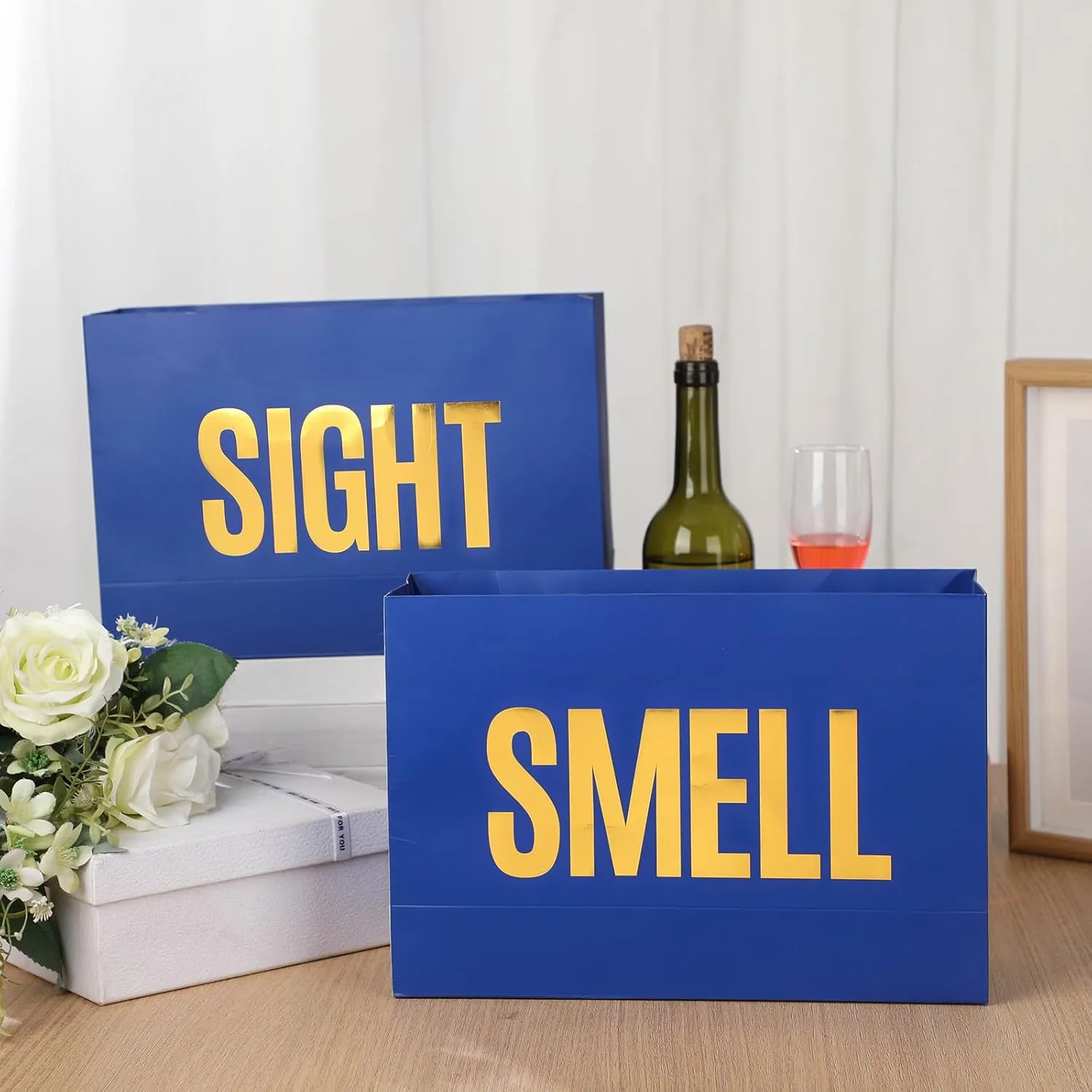 Kolldenn 5 Senses Gift Bags for Him Her Five Senses Gift Bags with Ribbon Handle Gifts Decoration for Birthday Wedding Anniversary Valentine's Day Graduation Party(Navy Blue,9.8 x 6.7 x 3.1 Inches)