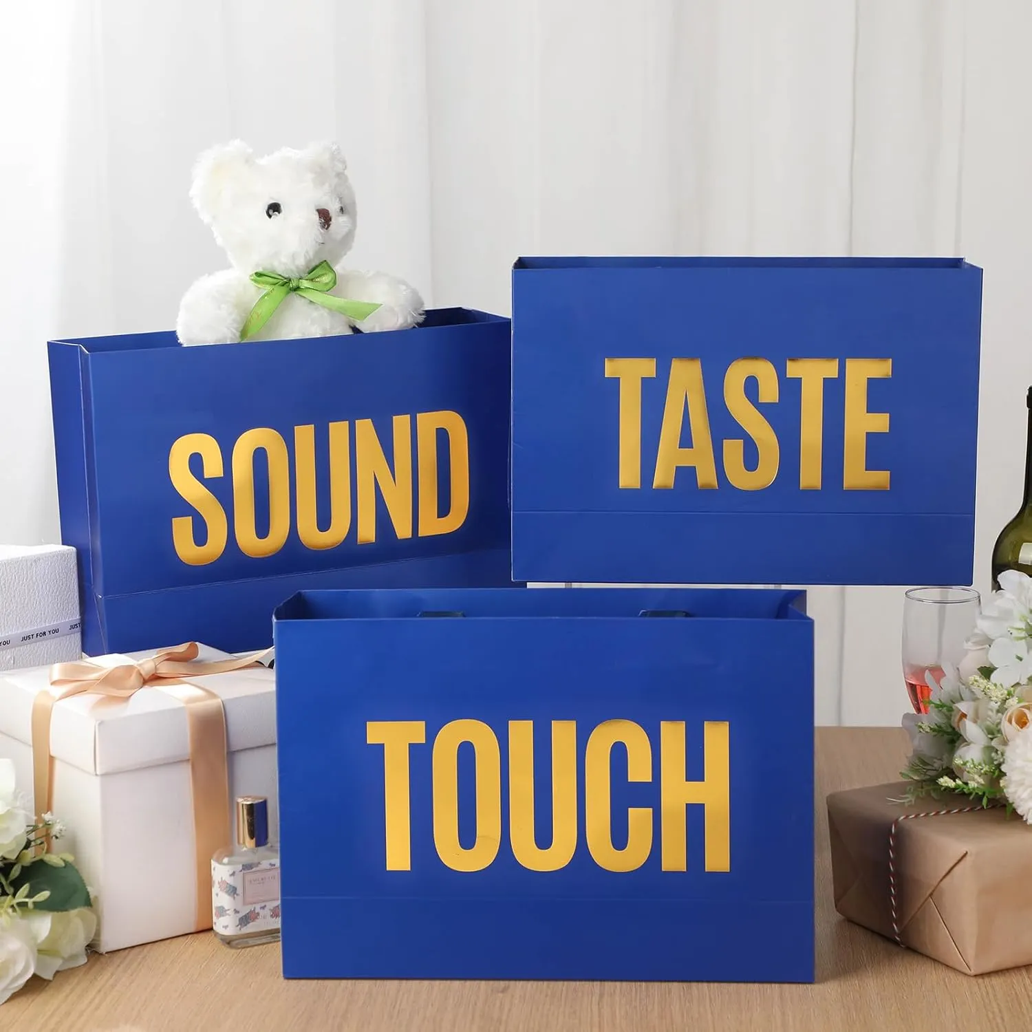 Kolldenn 5 Senses Gift Bags for Him Her Five Senses Gift Bags with Ribbon Handle Gifts Decoration for Birthday Wedding Anniversary Valentine's Day Graduation Party(Navy Blue,9.8 x 6.7 x 3.1 Inches)
