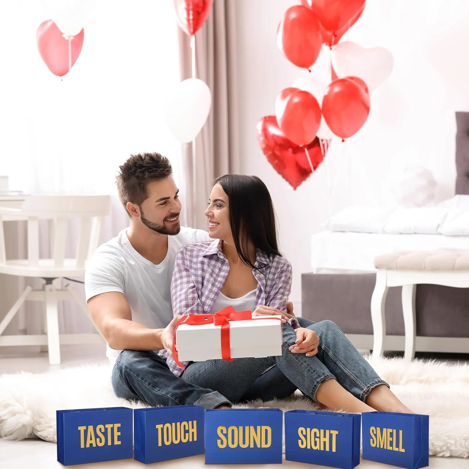Kolldenn 5 Senses Gift Bags for Him Her Five Senses Gift Bags with Ribbon Handle Gifts Decoration for Birthday Wedding Anniversary Valentine's Day Graduation Party(Navy Blue,9.8 x 6.7 x 3.1 Inches)
