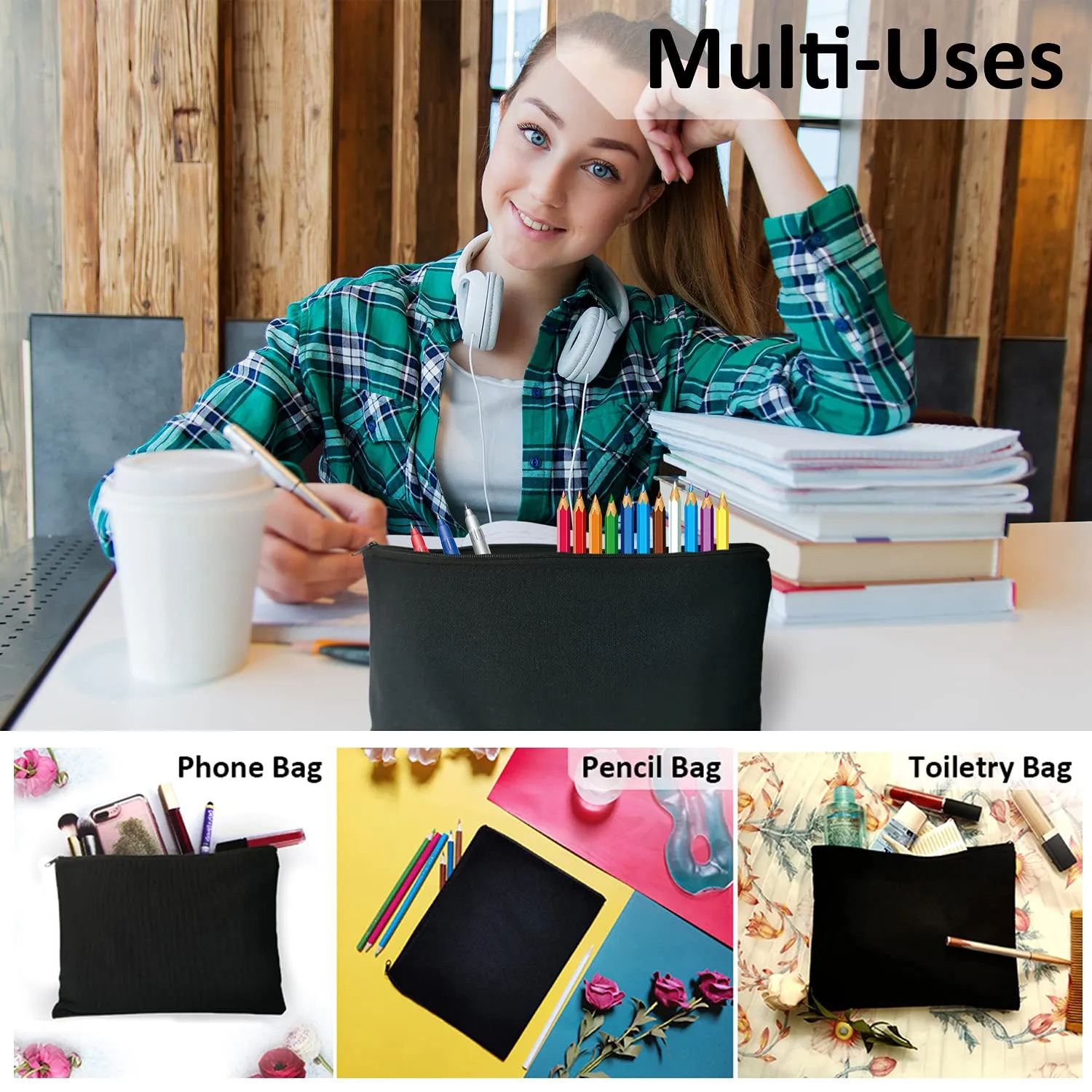 Koolmox 30 Makeup Bags in Bulk, 9x7 Large Plain Black Canvas Pouch with Zipper, Cotton Cosmetic Bags Wholesale for Painting, Heat Transfer Printing, Crafting, DIY Drawing Decoration, Pen Case