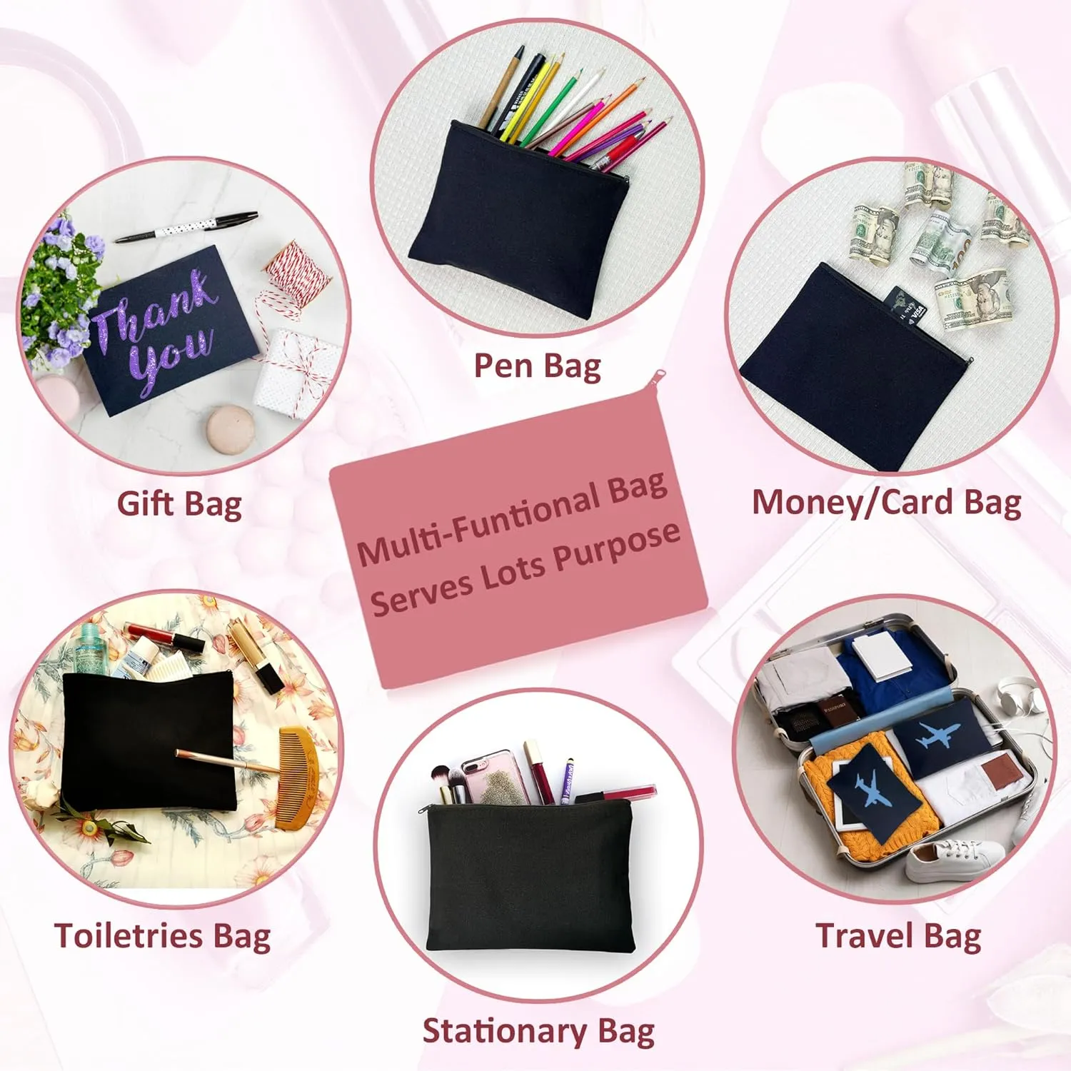 Koolmox 30 Makeup Bags in Bulk, 9x7 Large Plain Black Canvas Pouch with Zipper, Cotton Cosmetic Bags Wholesale for Painting, Heat Transfer Printing, Crafting, DIY Drawing Decoration, Pen Case