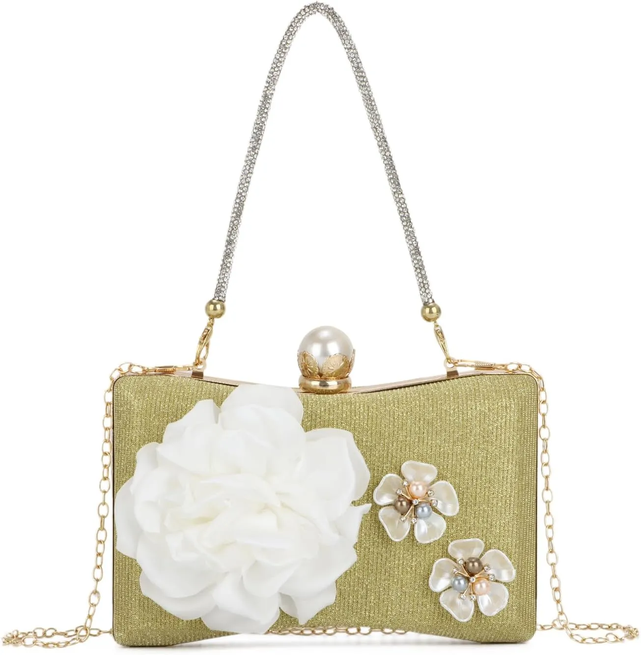 KUANG! Women's 3D Flower Bags Evening Purse with Chain Handbags Pearls Floral Clutch Wedding Crossbody Shoulder Bag