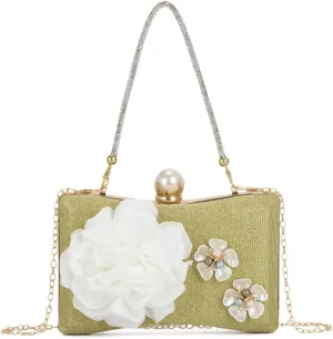 KUANG! Women's 3D Flower Bags Evening Purse with Chain Handbags Pearls Floral Clutch Wedding Crossbody Shoulder Bag