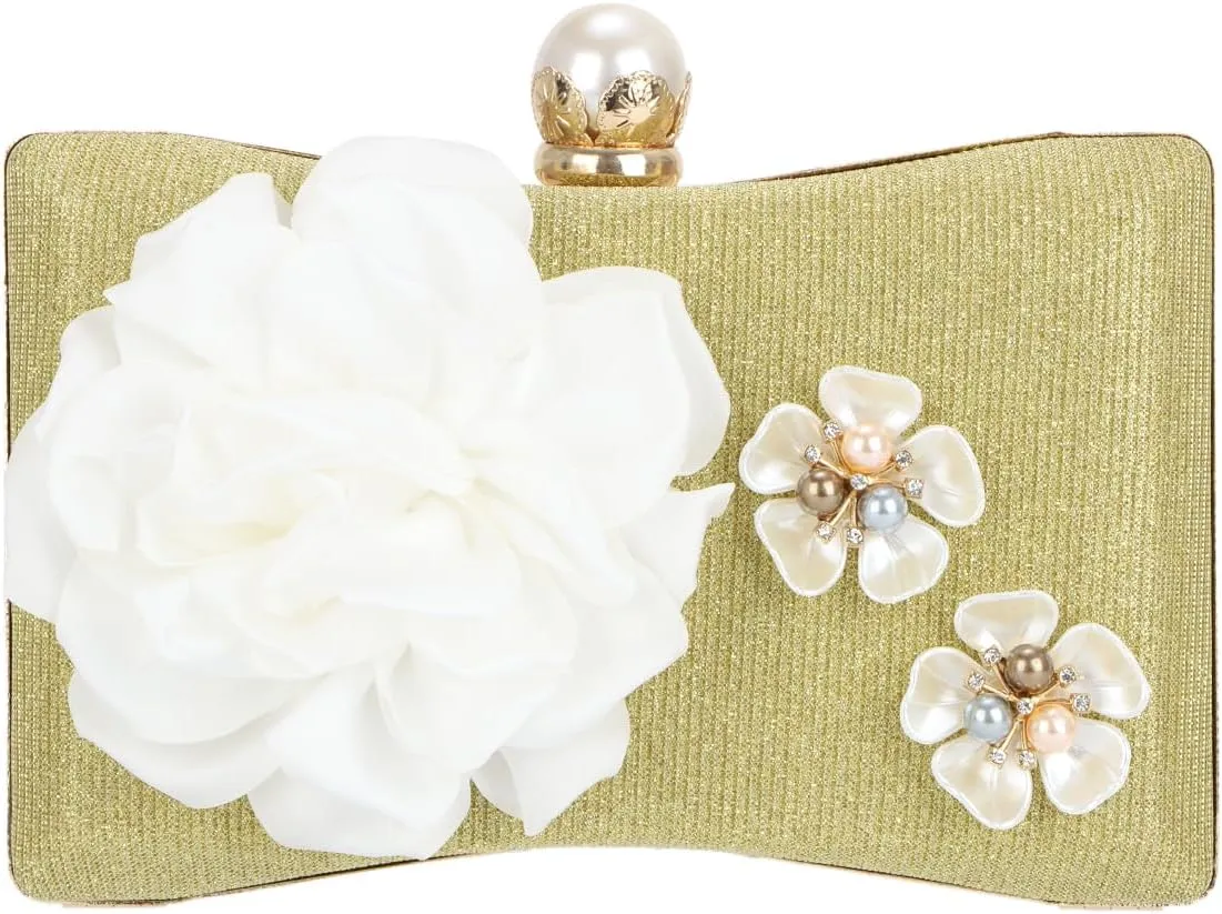 KUANG! Women's 3D Flower Bags Evening Purse with Chain Handbags Pearls Floral Clutch Wedding Crossbody Shoulder Bag