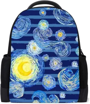 Kuizee School Bag Backpack Daypack ﻿Starry Sky Blue striped Impressionist Painting Style Book Bag Casual Bags Durable College School Travel Daily 16Inch