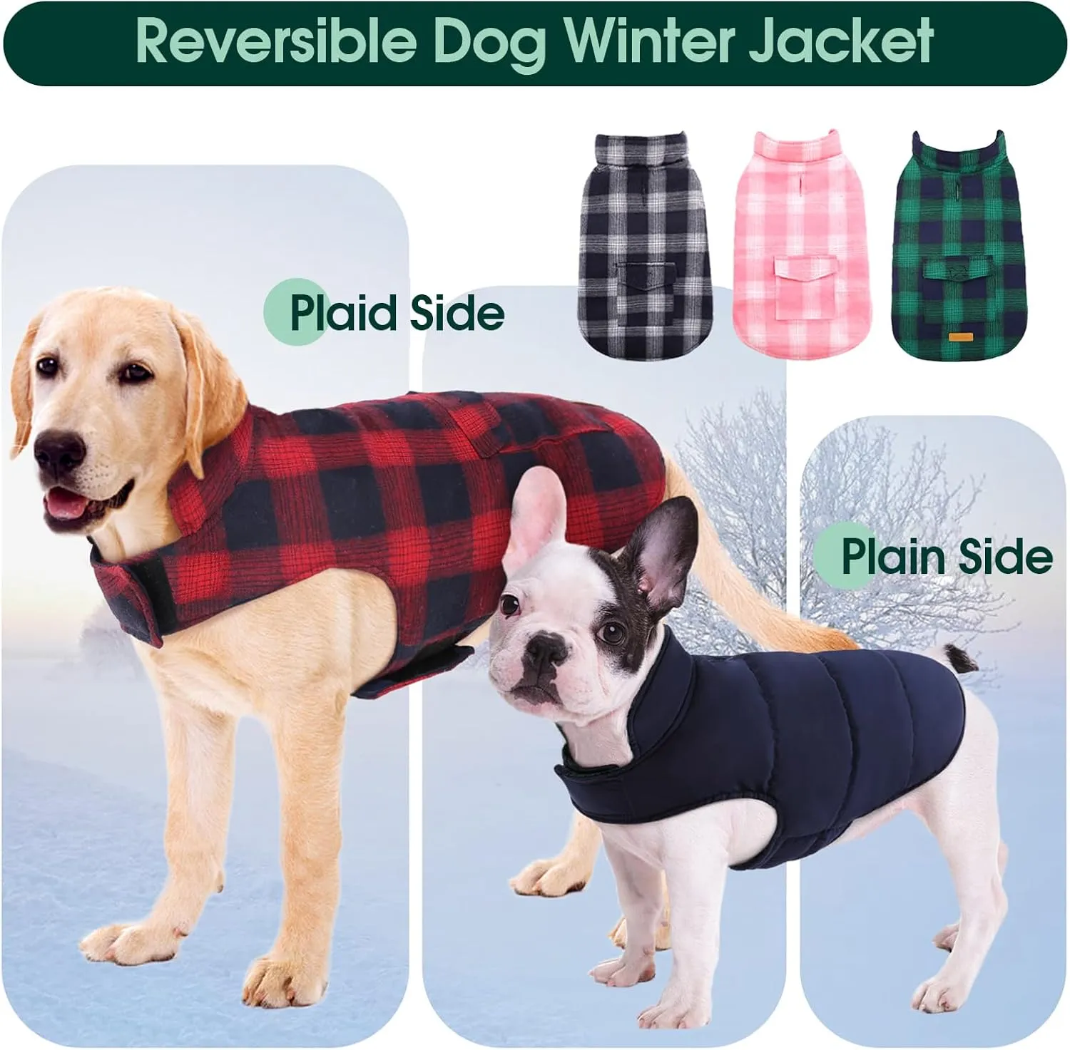 Kuoser Reversible Winter Coat, British Style Jacket for Small Medium and Large Dogs - Warm, Windproof Puppy Cold Weather Vest - Red M