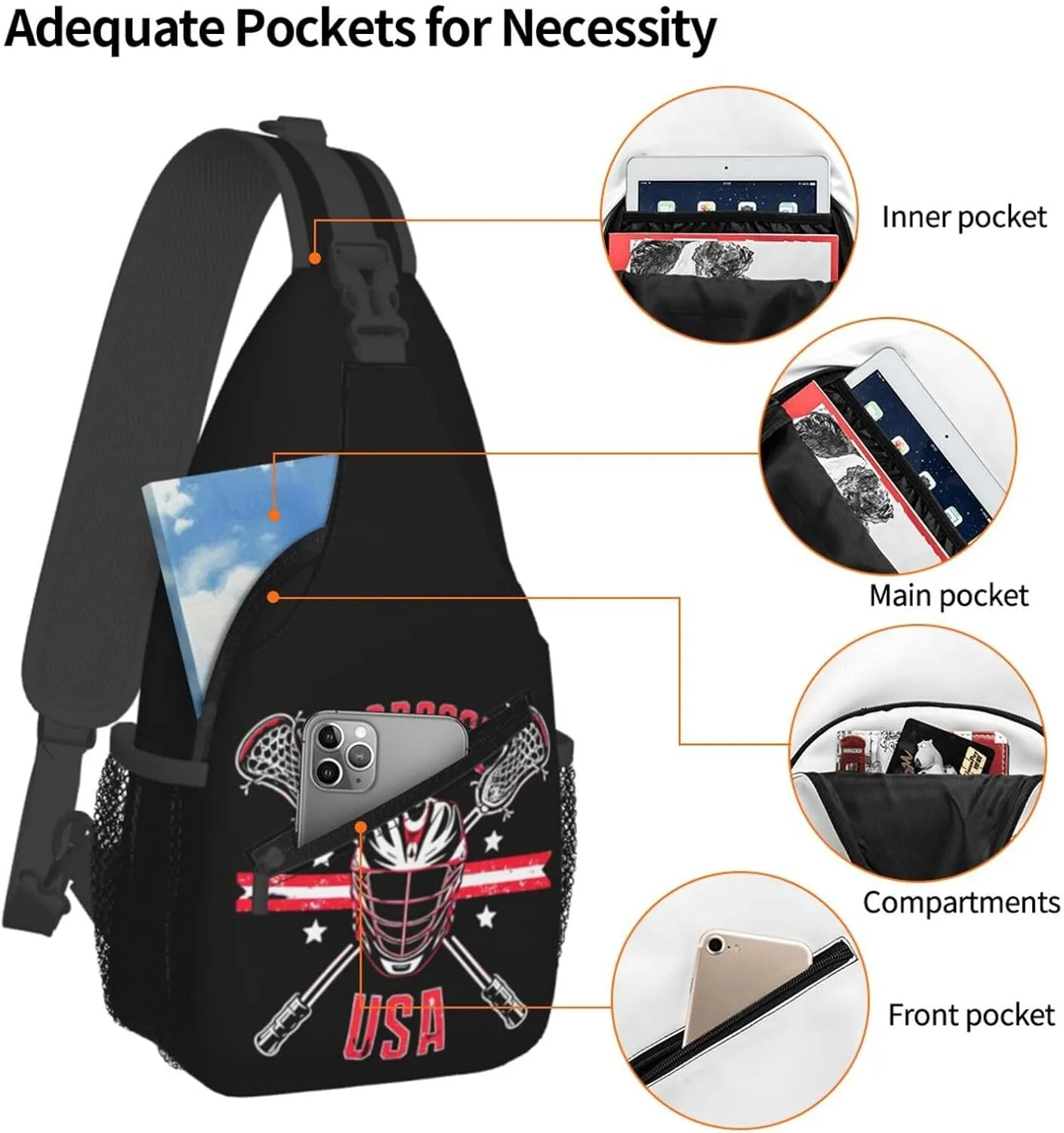 Lacrosse USA Stick And Helmet Sling Bag Adjustable Crossbody Bag Casual Chest Bags Travel Shoulder Backpack