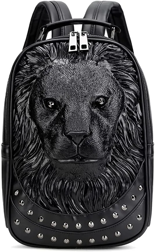 Ladies 3D Lionhead Travel Backpacks Men Women Small Pu Leather Shoulder Bag Portable Handbag Pack
