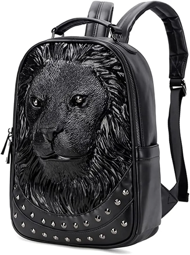 Ladies 3D Lionhead Travel Backpacks Men Women Small Pu Leather Shoulder Bag Portable Handbag Pack