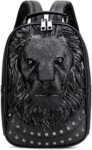 Ladies 3D Lionhead Travel Backpacks Men Women Small Pu Leather Shoulder Bag Portable Handbag Pack