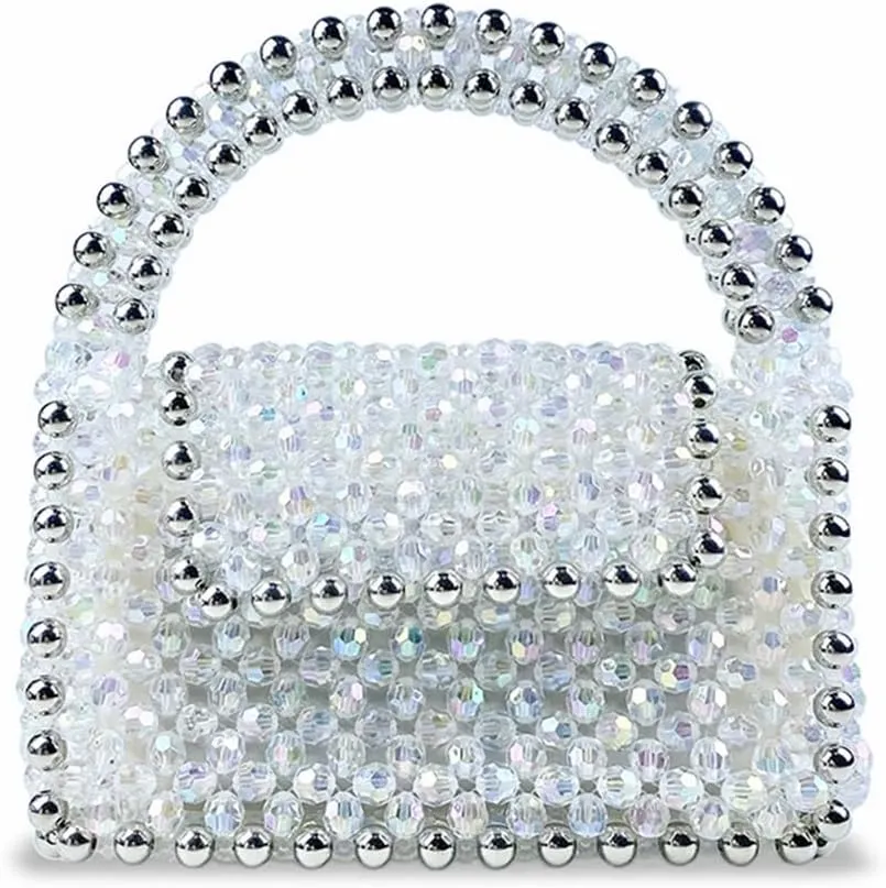 Ladies Dazzling Acrylic Beaded Handbag Hand-woven Beads Pearl Tote Bag Bridal Purse for Evening Party