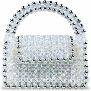 Ladies Dazzling Acrylic Beaded Handbag Hand-woven Beads Pearl Tote Bag Bridal Purse for Evening Party