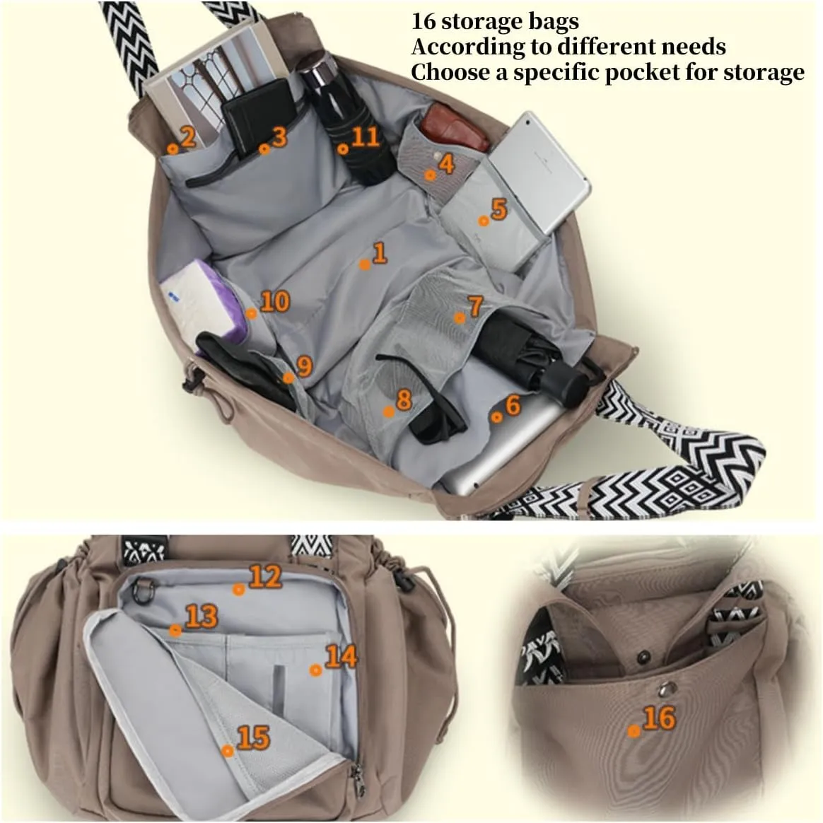 Ladies' expandable handbag, 16 pocket quilted handbag, nurse and portable travel bag, hospital delivery bagFolding design