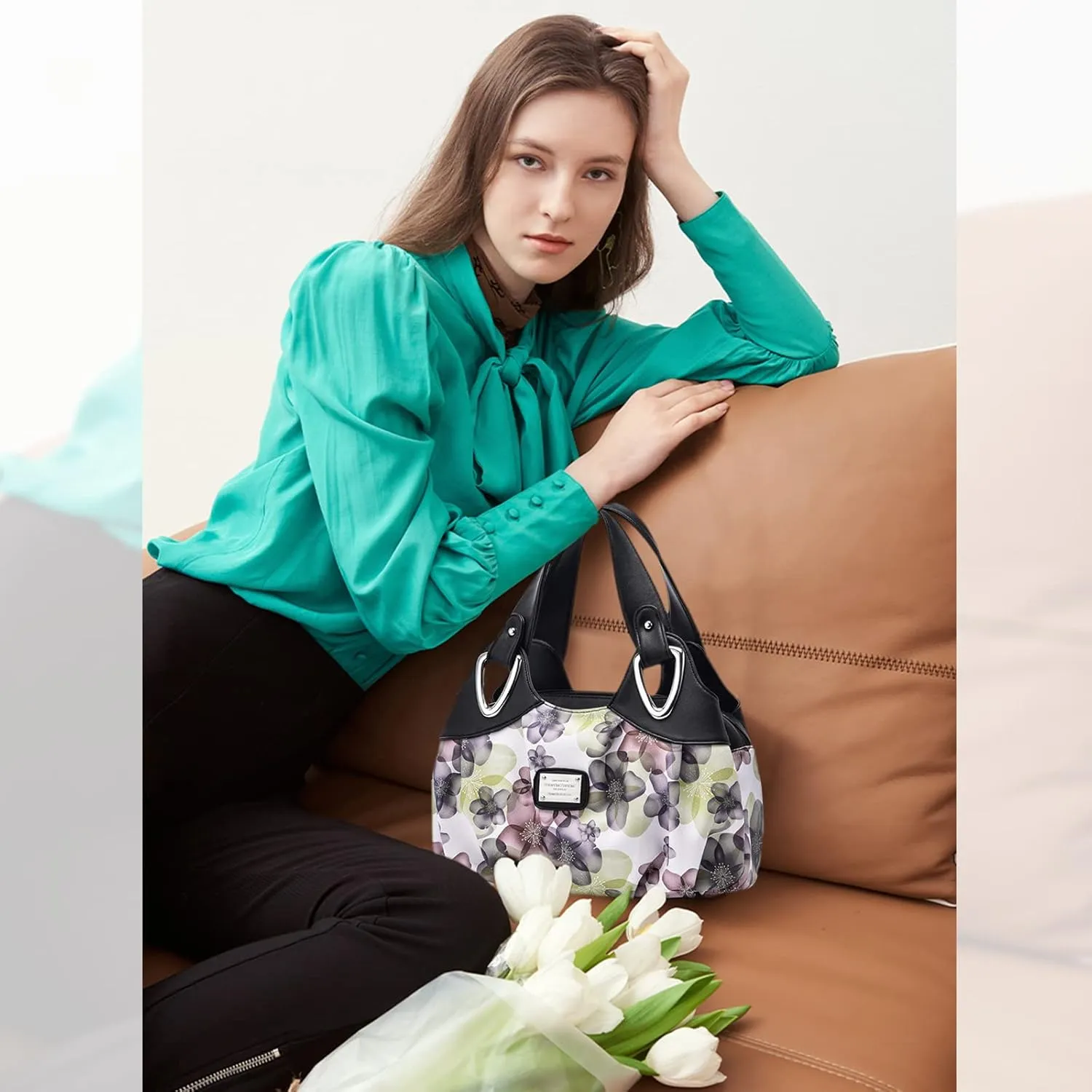 Ladies Fashion Handbags Elegant Top-handle Bags for Women Floral Shoulder Bags PU Leather