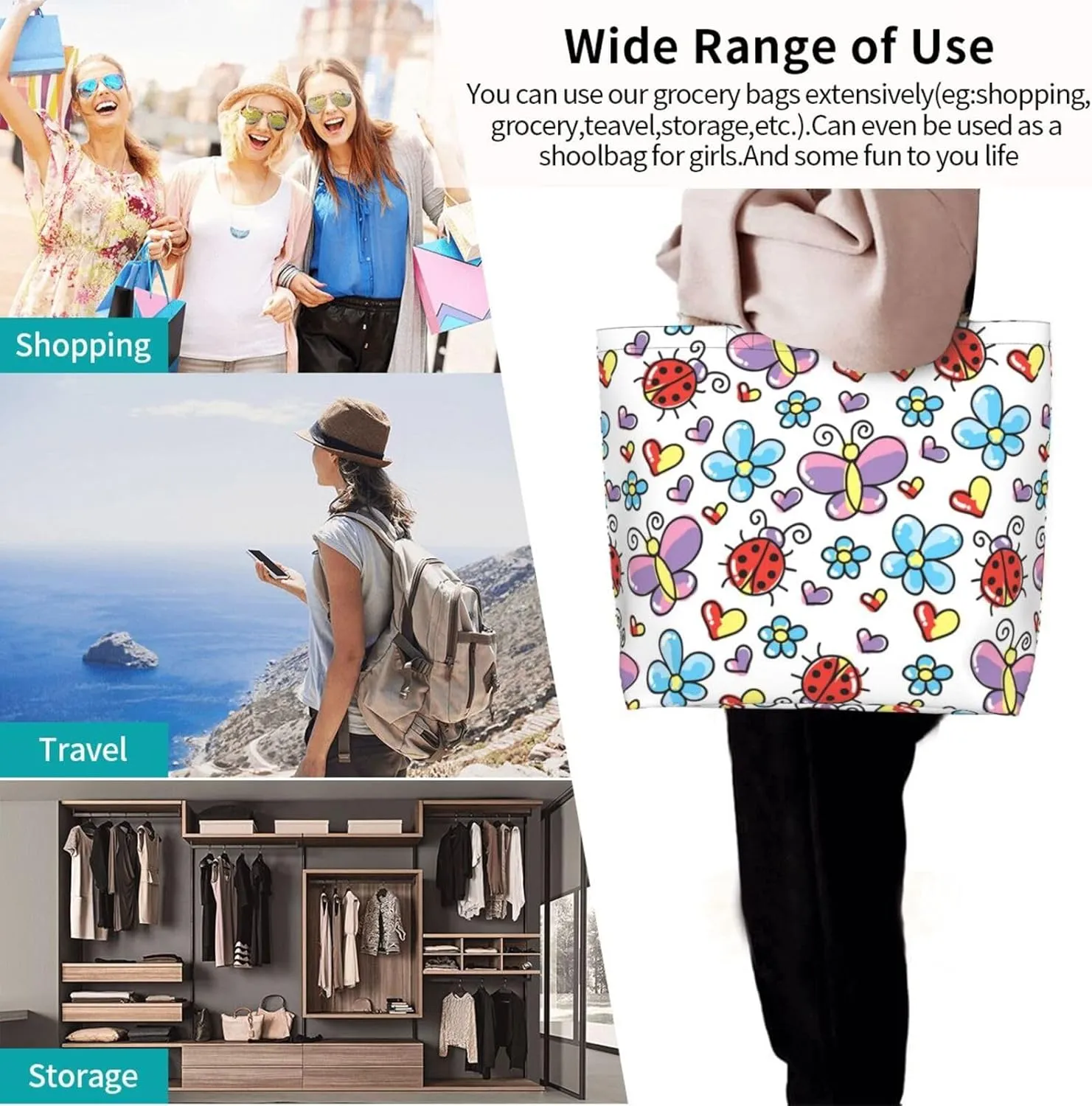 Ladybug Canvas Tote Bag Chicago Shoulder Bag Handbag Ladybird Casual Cute Grocery Bags Women Bag for Outdoor