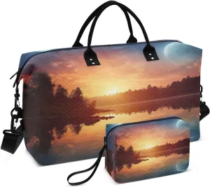 Lake Sunset Moon Travel Duffel Bag with Toiletry Bag Weekender Bag for Carry on Sports Gym Bag for Shopping Gym Travel