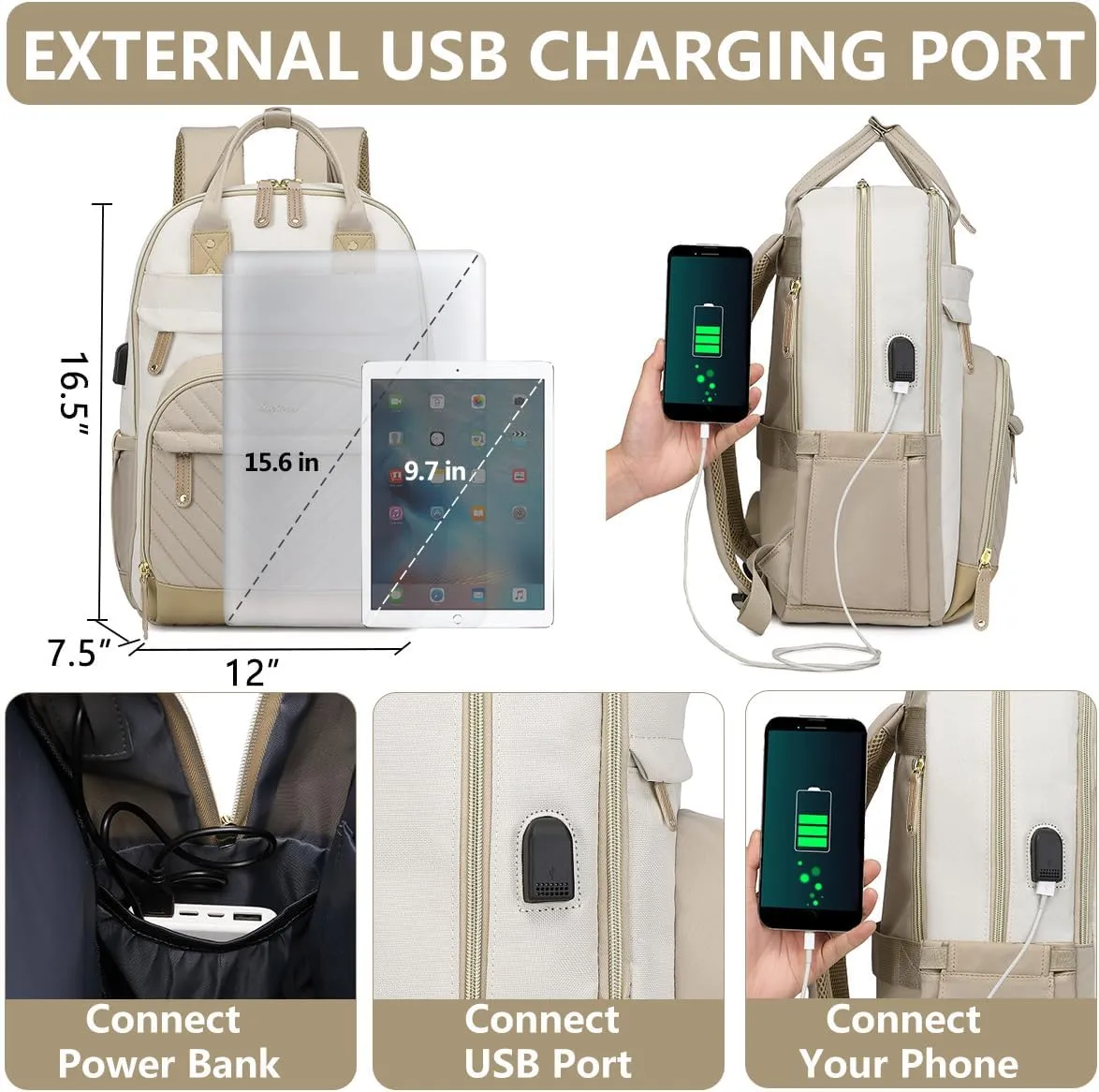 laptop backpack for Women - 15.6 inch Work Bags Travel Backpack with USB Charger College Bookbag Waterproof Business Computer Backpack Anti-theft Casual Backpacks for Nurse Teacher khaki