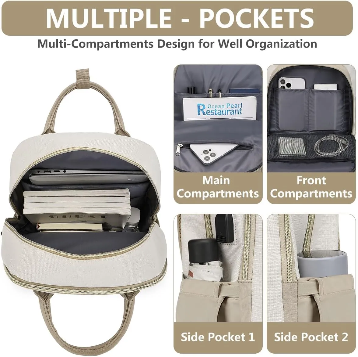 laptop backpack for Women - 15.6 inch Work Bags Travel Backpack with USB Charger College Bookbag Waterproof Business Computer Backpack Anti-theft Casual Backpacks for Nurse Teacher khaki