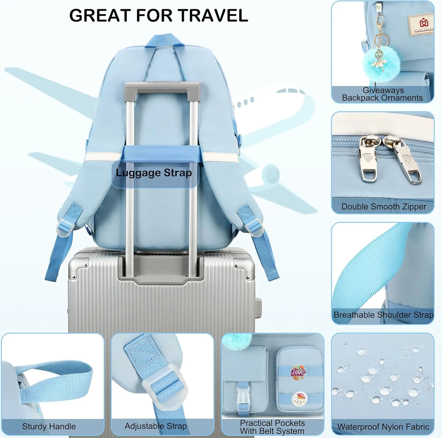 Laptop Backpacks 15.6 Inch College Backpack Elementary Middle High School Bag Large Cute Bookbags Anti Theft Travel Back Pack Casual Daypack Kids Book Bag for Teens Girls Women Students-Blue