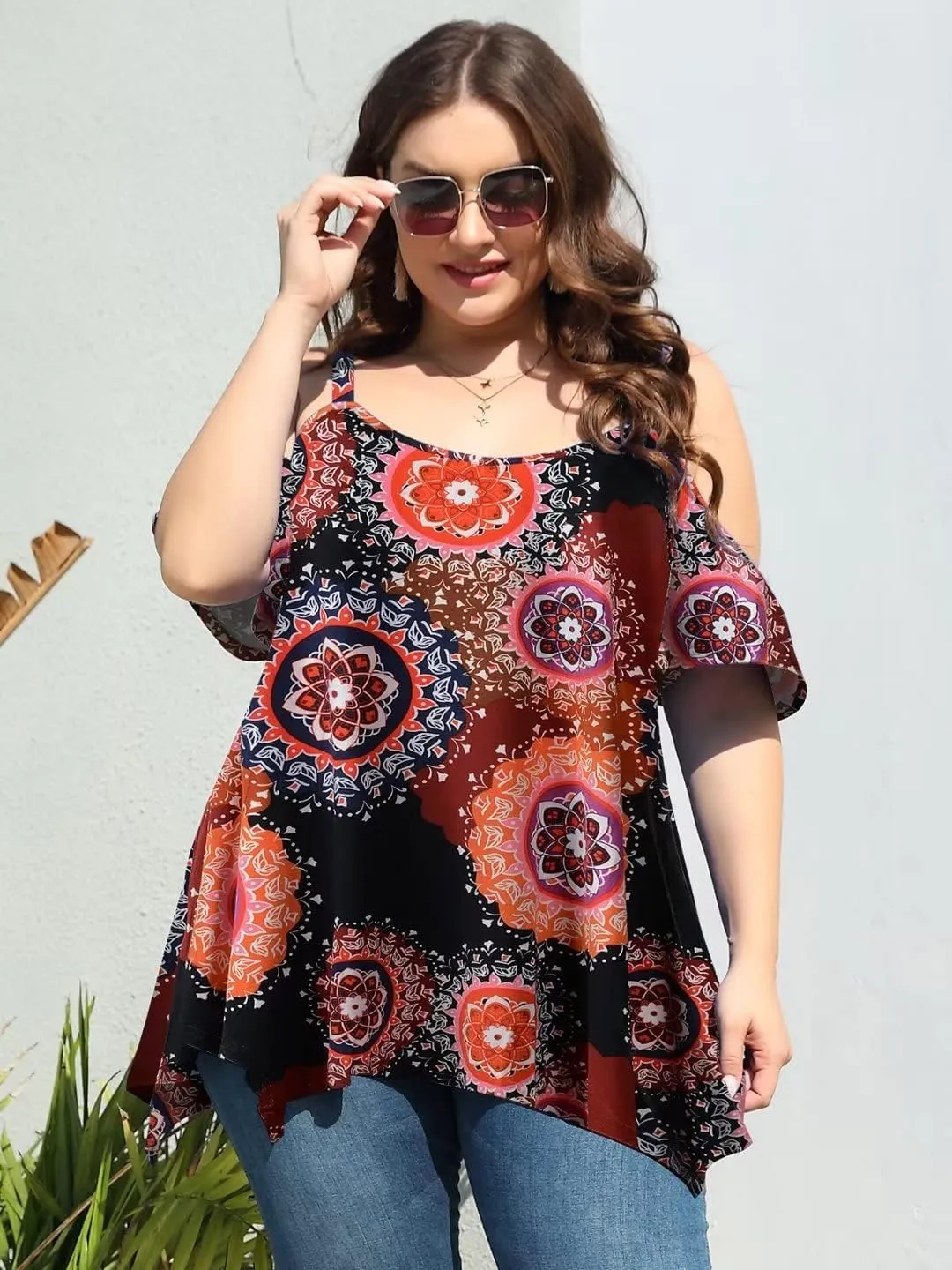 LARACE Cold Shoulder Tops for Womens Summer Clothes Spaghetti Strape Tunic Oversized Shirts Asymmetrical Plus Size Blouse