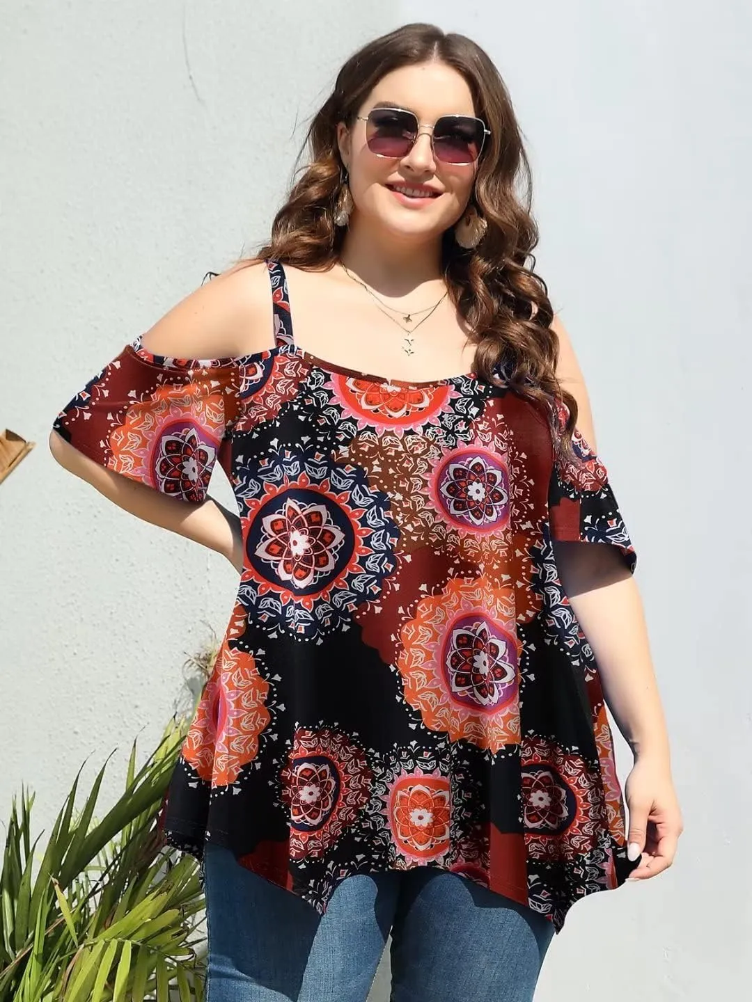 LARACE Cold Shoulder Tops for Womens Summer Clothes Spaghetti Strape Tunic Oversized Shirts Asymmetrical Plus Size Blouse