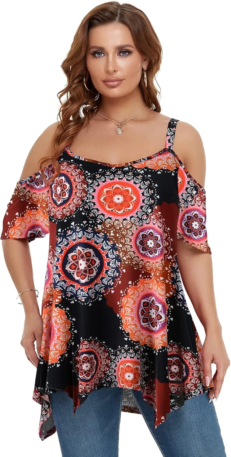 LARACE Cold Shoulder Tops for Womens Summer Clothes Spaghetti Strape Tunic Oversized Shirts Asymmetrical Plus Size Blouse