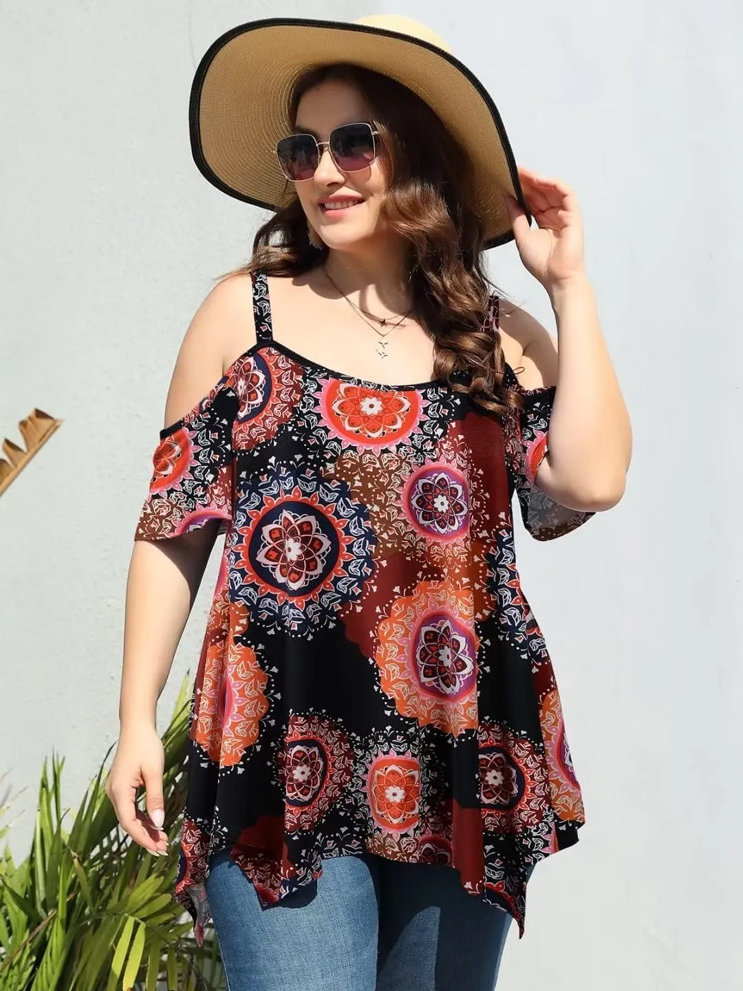 LARACE Cold Shoulder Tops for Womens Summer Clothes Spaghetti Strape Tunic Oversized Shirts Asymmetrical Plus Size Blouse