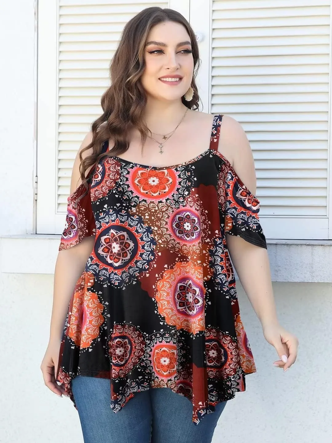 LARACE Cold Shoulder Tops for Womens Summer Clothes Spaghetti Strape Tunic Oversized Shirts Asymmetrical Plus Size Blouse