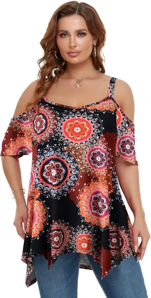 LARACE Cold Shoulder Tops for Womens Summer Clothes Spaghetti Strape Tunic Oversized Shirts Asymmetrical Plus Size Blouse